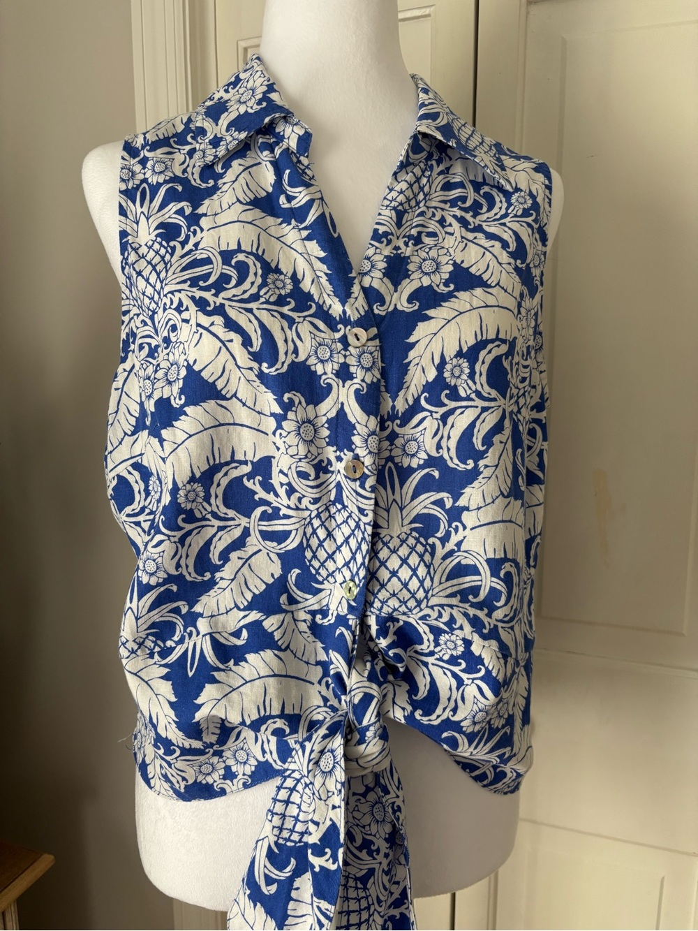 Rachel Zoe Blue and White Sleeveless Tie-Front Pineapple Print Blouse Large
